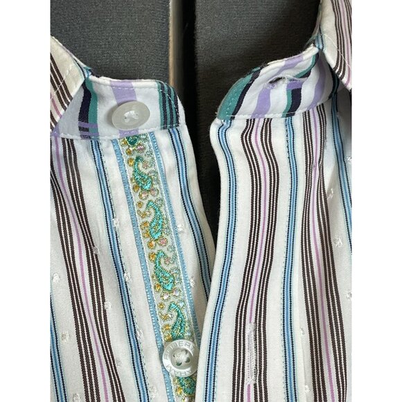 Robert Graham Men's Shirt 2XL Flip Cuff Striped Embroidered Turquoise - Picture 13 of 16